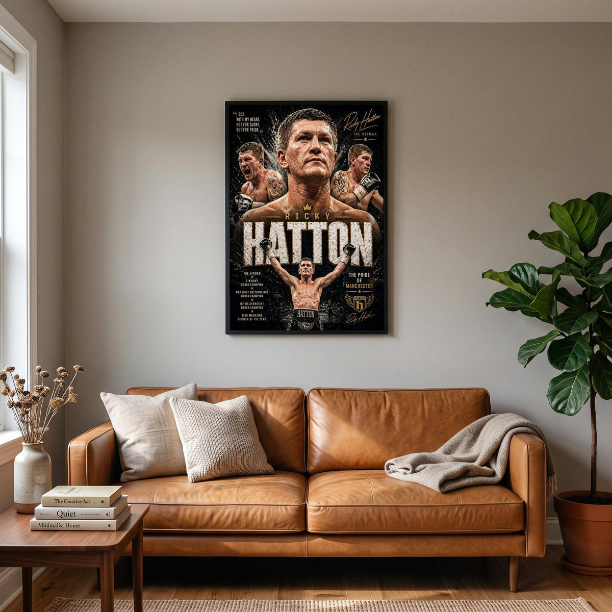 Ricky Hatton "The Hitman" Boxing Print hanging on a living room wall