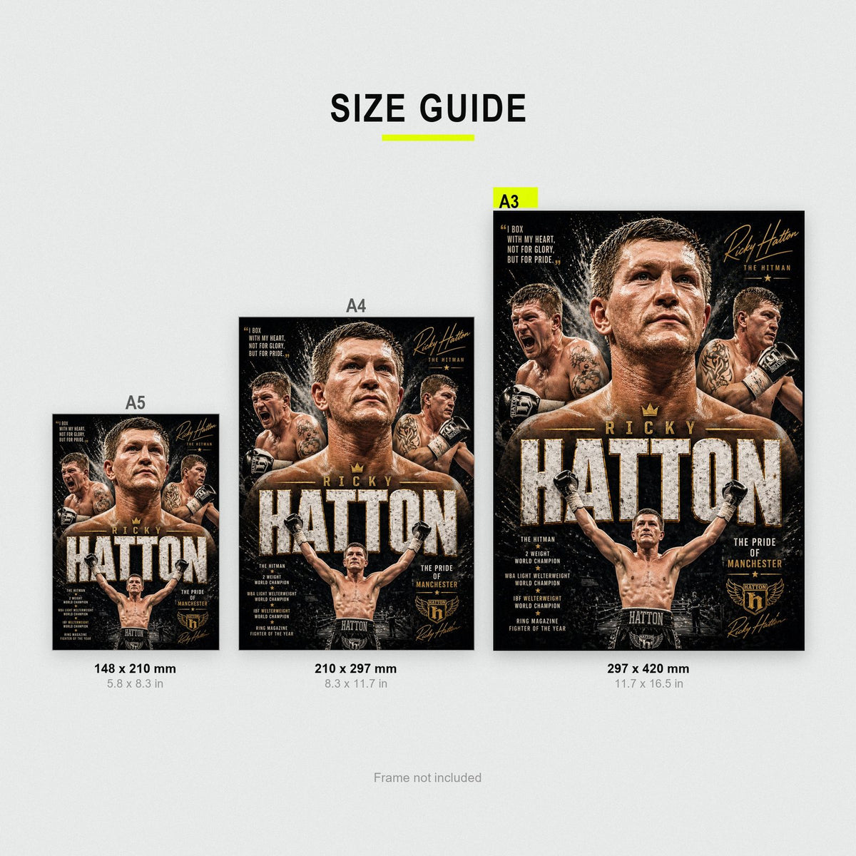 Ricky Hatton "The Hitman" Boxing Print size guide showing A3, A4 and A5