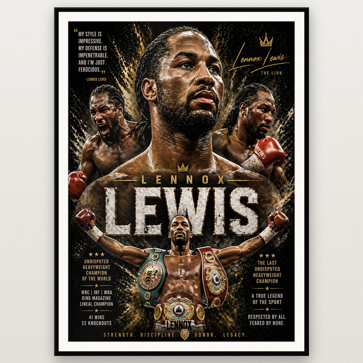 Lennox Lewis The Lion Boxing Print shown in a black frame