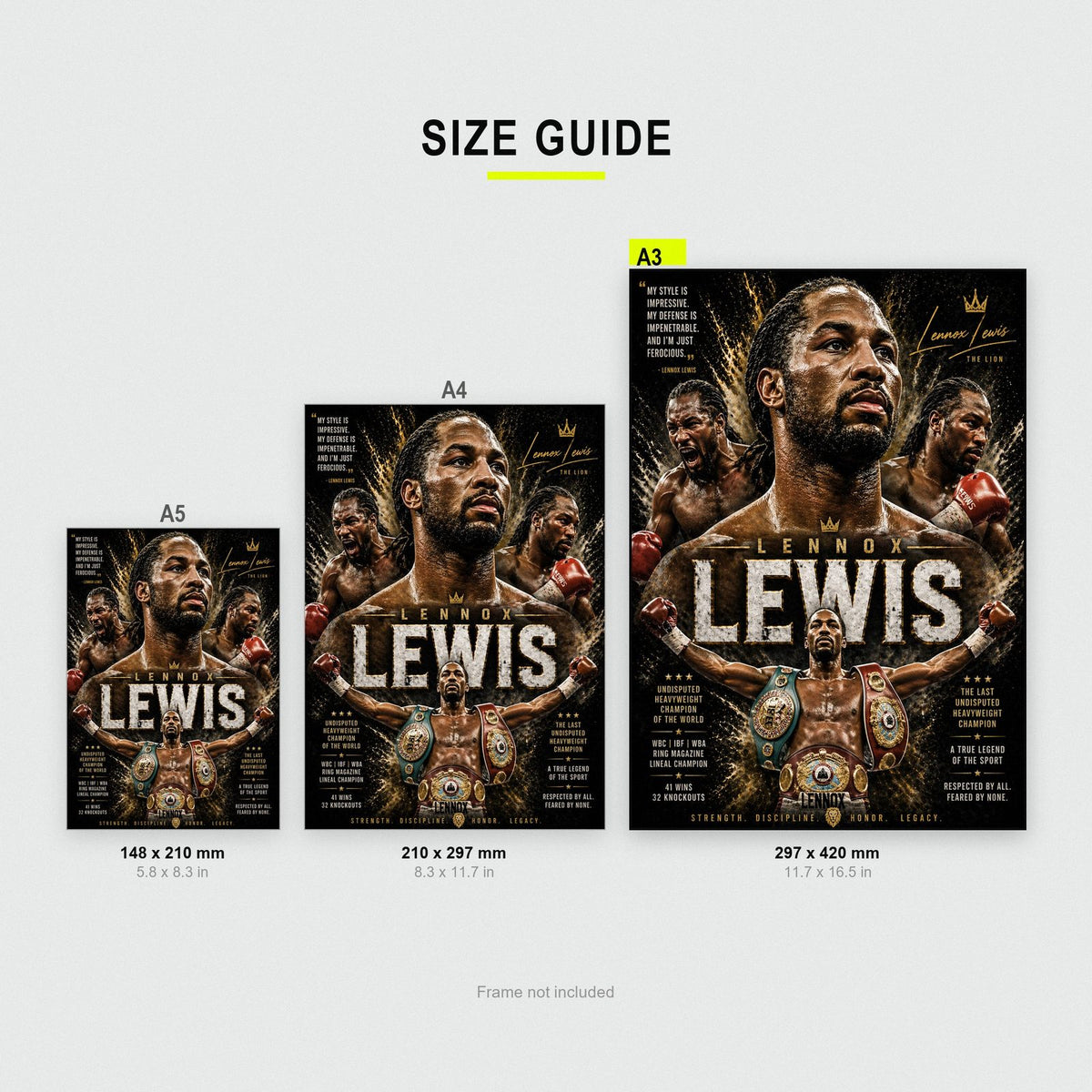 Lennox Lewis The Lion Boxing Print size guide showing A3, A4 and A5