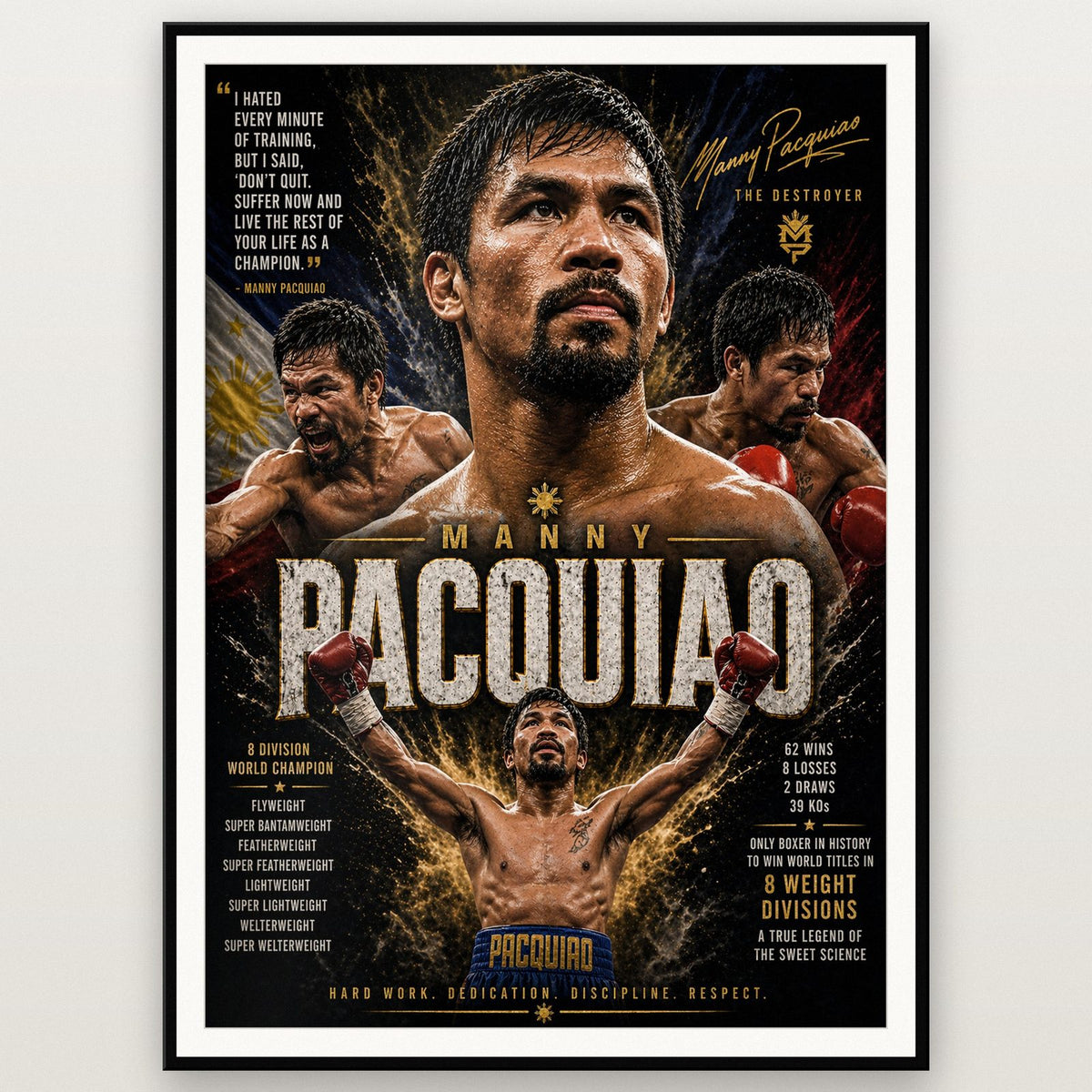 Manny Pacquiao The Destroyer Boxing Print shown in a black frame