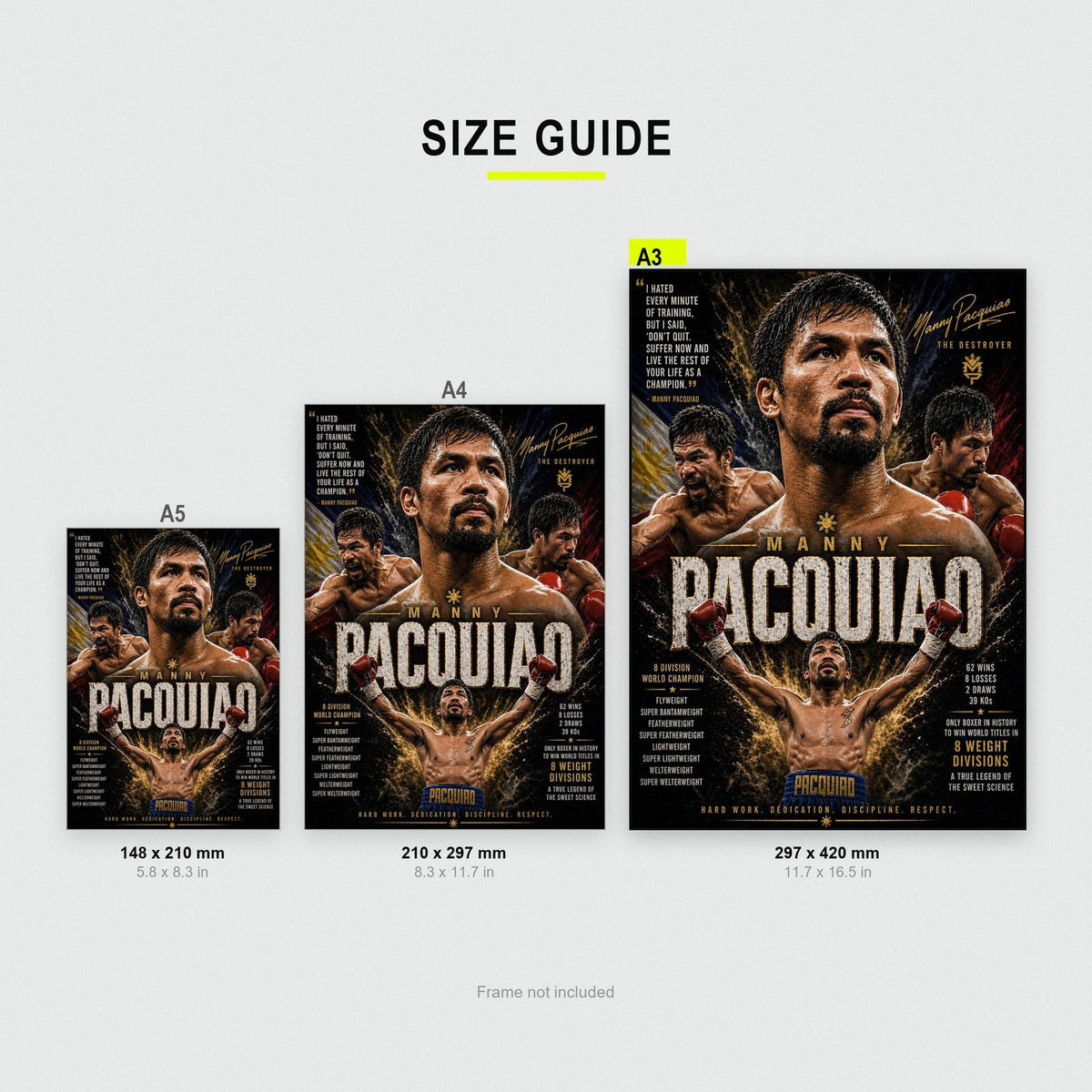Manny Pacquiao The Destroyer Boxing Print size guide showing A3, A4 and A5