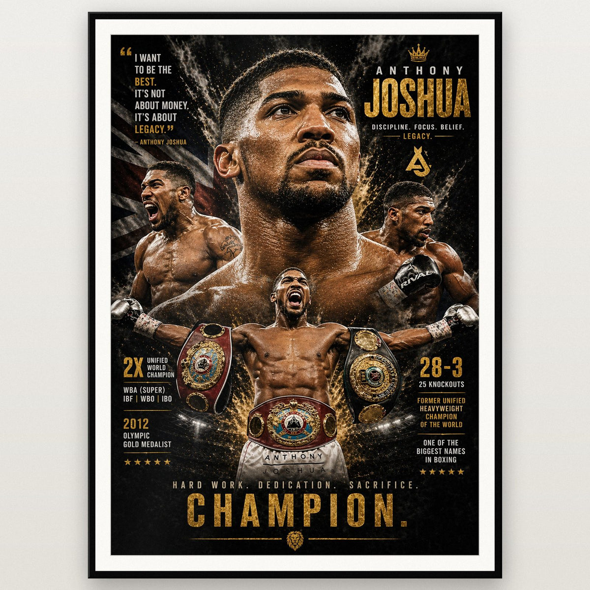 Anthony Joshua AJ Boxing Champion Poster shown in a black frame