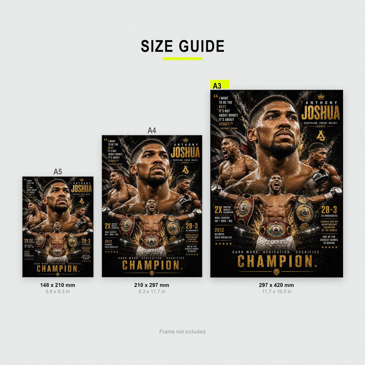 Anthony Joshua AJ Boxing Champion Poster size guide showing A3, A4 and A5
