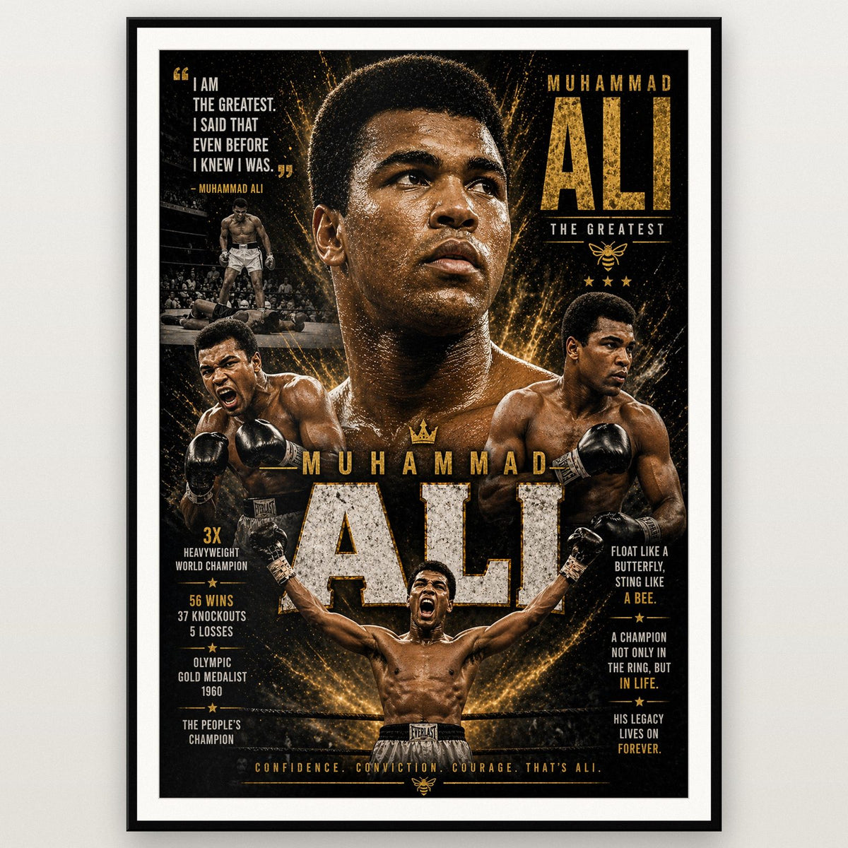 Muhammad Ali "The Greatest" Boxing Poster shown in a black frame