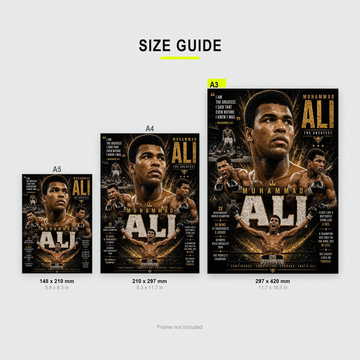 Muhammad Ali "The Greatest" Boxing Poster size guide showing A3, A4 and A5