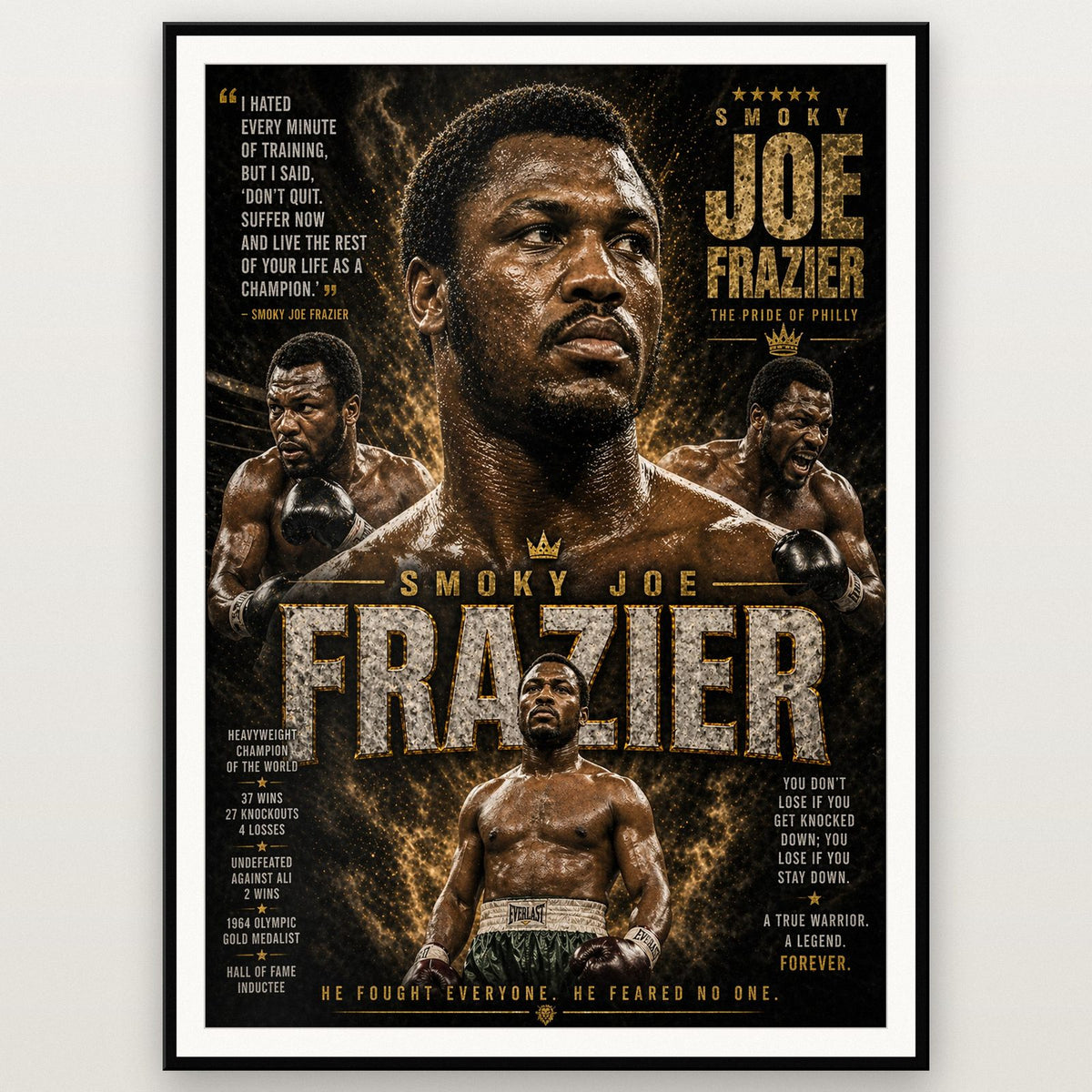 Joe Frazier "Smoky Joe" Boxing Champion Print shown in a black frame