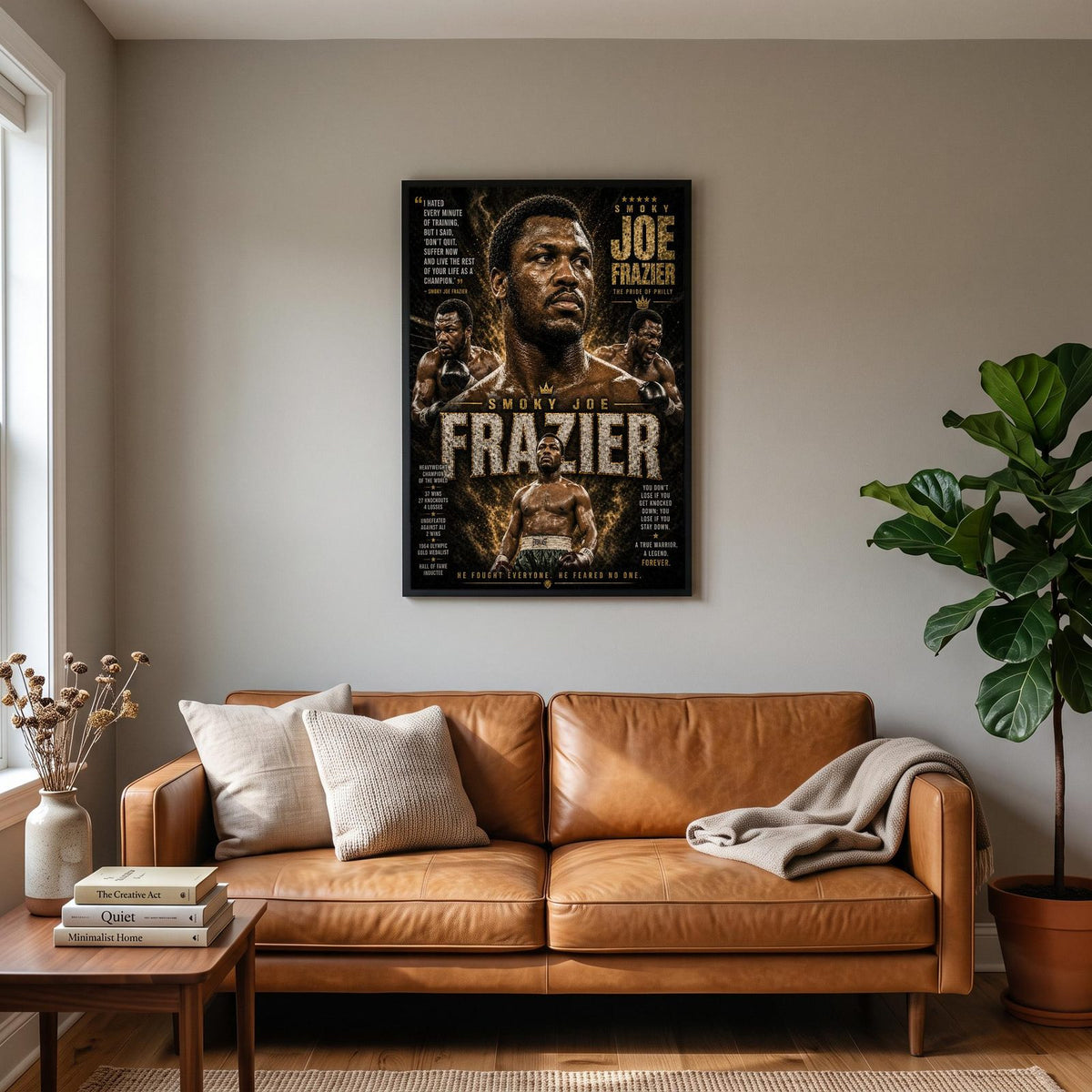 Joe Frazier "Smoky Joe" Boxing Champion Print hanging on a living room wall