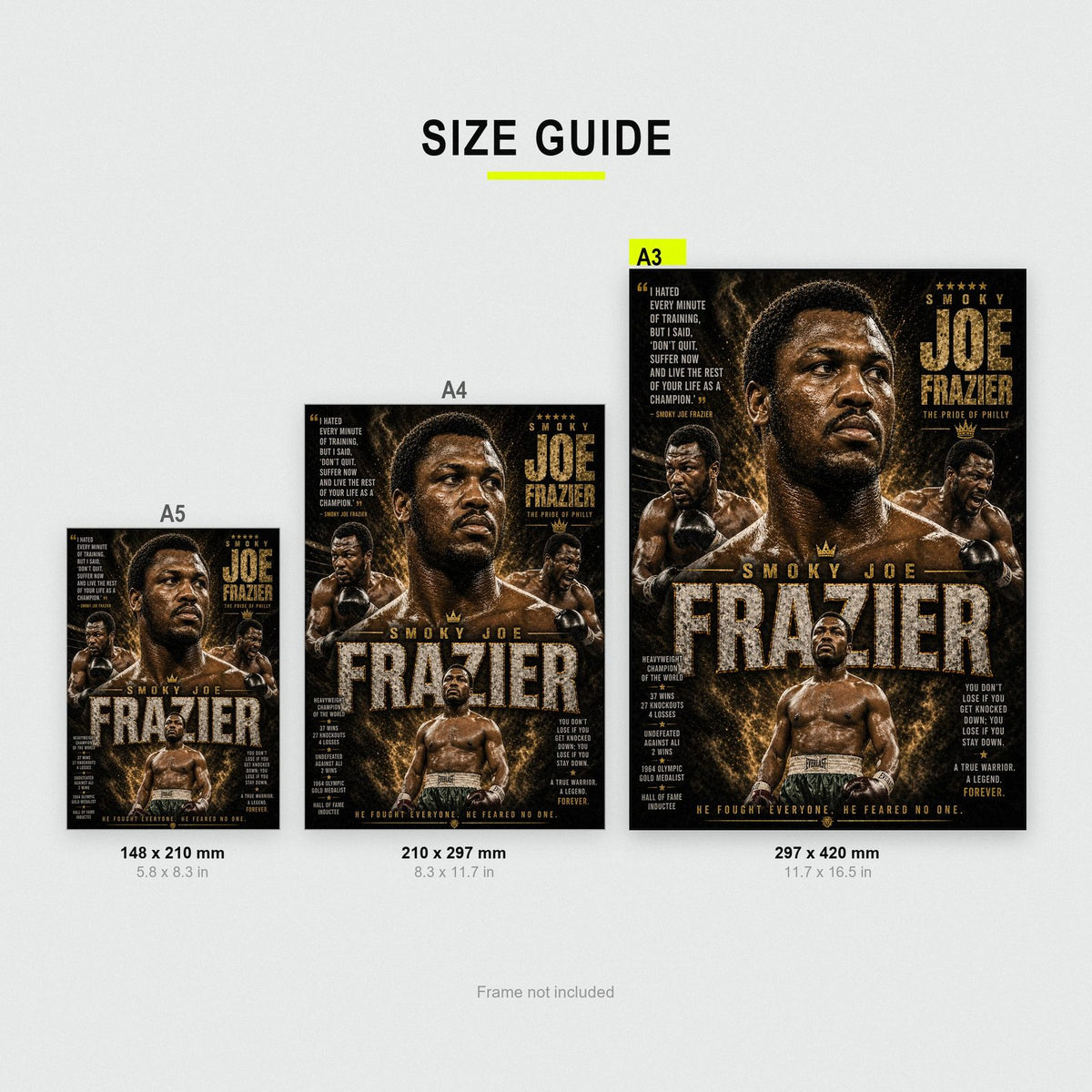 Joe Frazier "Smoky Joe" Boxing Champion Print size guide showing A3, A4 and A5