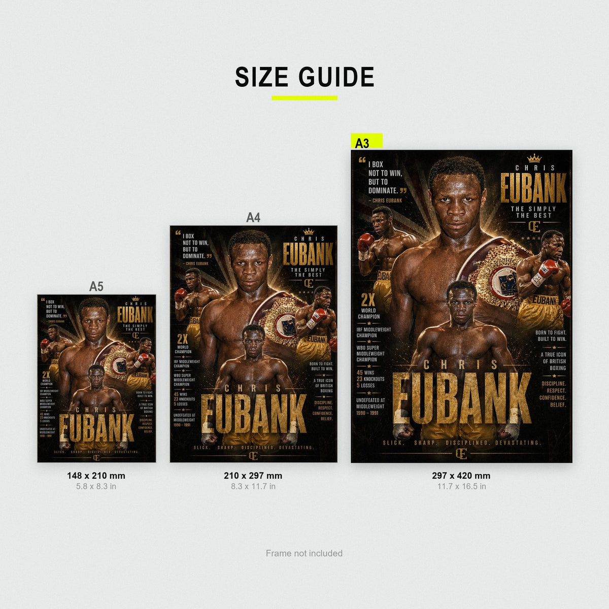 Chris Eubank Boxing Poster size guide showing A3, A4 and A5