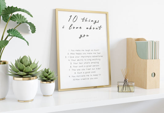 10 Things I Love About You Print: Romantic Minimalist Wall Art Personalised