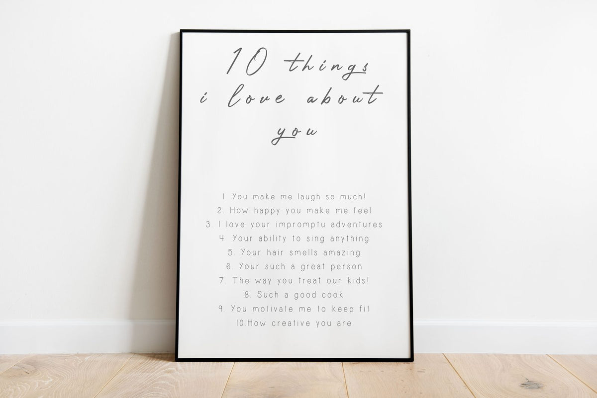 10 Things I Love About You Print: Romantic Minimalist Wall Art Personalised shown in a black frame